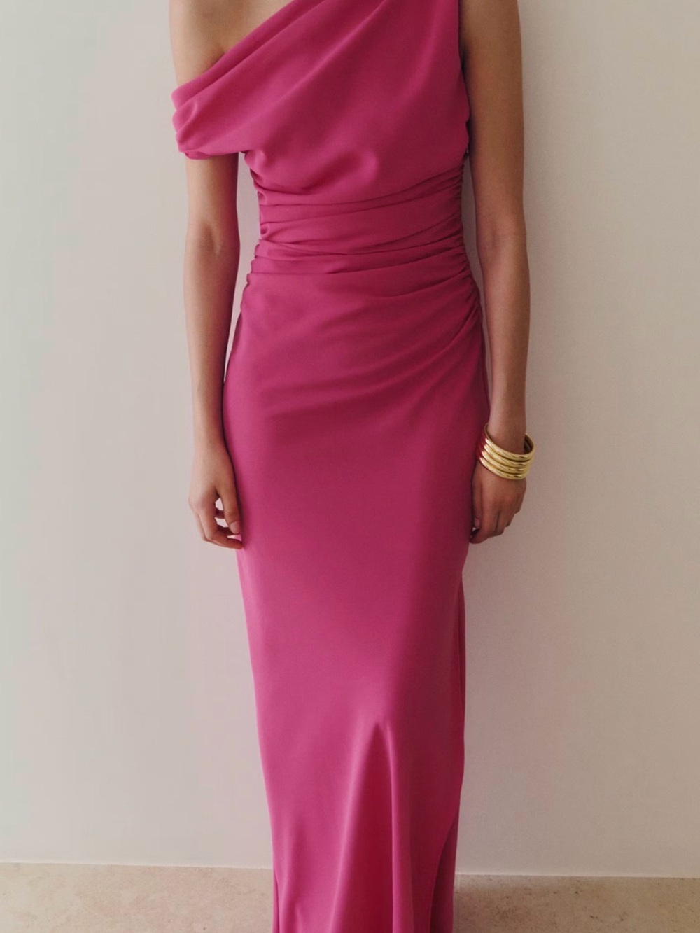 Mango One-Shoulder Fuchsia Maxi Dress
